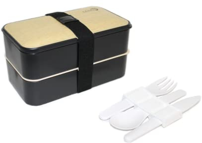 KENKO Fiambrera de 2 Recipientes Herméticos estilo Bento Box | Lunch Box Japonés con Juego de Cubiertos y Tapa Ecológica para Llevar Comida de Niños o Adultos, 1200 ml, Negro