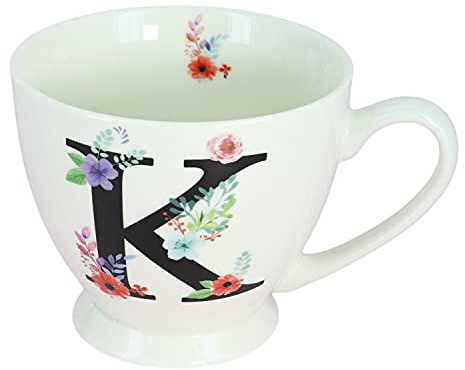 G Decor White Floral, 350ml, Alphabet A-Z Ceramic Tea Coffee XL Cup Mug, Novelty Drinkware for Morning or Evening Drink (K)