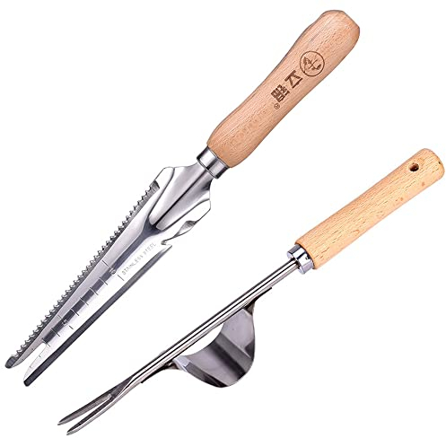 NICAVKIT 2 Stück Hand Weeder unkrautgabel Jäter Werkzeug Gartengerät, Edelstahl Manueller Unkrautstecher Unkrautjäter Wurzeljäter mit Naturholzgriff zum Jäten Ihres Gartens
