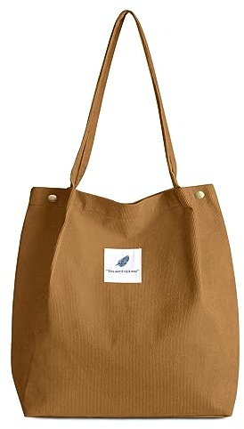 FITDON Cord Umhängetasche Damen, Groß Schultertasche Canvas Tasche Tote Handtasche für Alltag, Büro, Schulausflug und Einkauf
