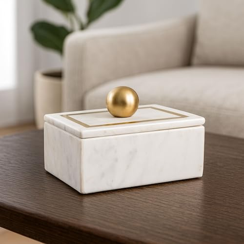Decorative Marble Box with Knob for Home Decor - Keepsake Box with Brass Inlay and Lid for Trinkets, Jewelry, and Home Organizer - Storage Boxes for Shelves and Living Room Accent - 6, White & Gold