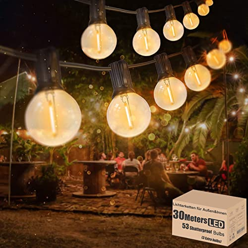 30M Lichterkette Außen LED Lichterkette Glühbirnen Aussen G40 53er Warmweiß IP44 Wasserdicht Glühbirnen Girland Lichterkette für Garten Terrasse Hochzeit Party Weihnachten
