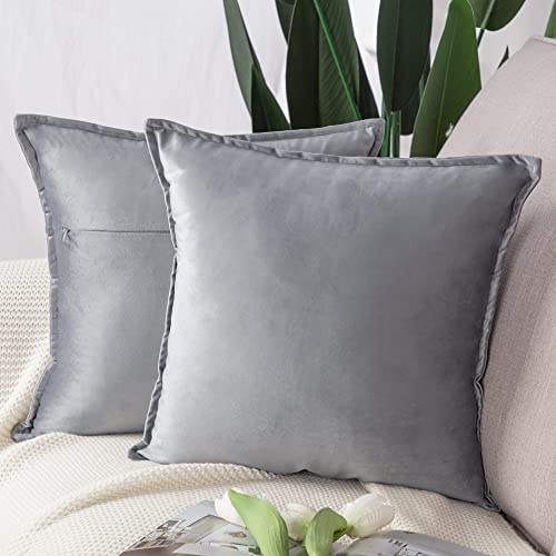Madizz 2er Set Samt Dekorativ Zierkissenbezüge Luxus Stil Kissenbezug für Sofa für Schlafzimmer Hellgrau 50x50 cm Quadrat