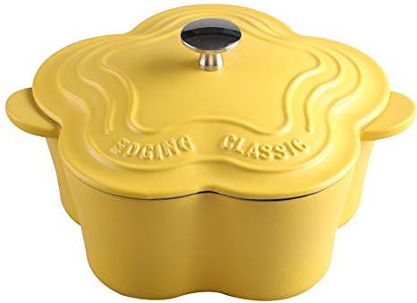 SHALOLY Cazuela De Hierro Fundido 2.7L Forma De Flor Vajilla Binaural con Tapa Revestimiento De Esmalte Resistente, Inducción De Cerámica Y Gas Seguro (Color : Yellow) (Amarillo)