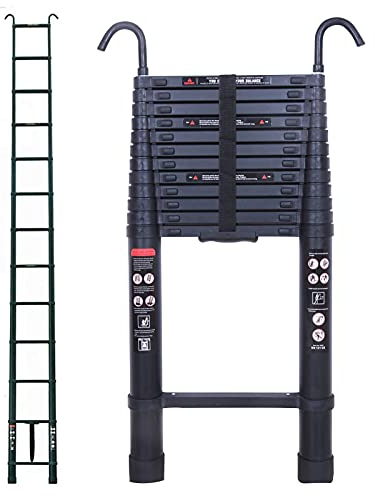 5m Teleskopleiter, Schwarze Verlängerungsleiter, Klappleiter, Aluminium-Bodenleiter für Heimwerker, Wohnmobil, EN131, mit 2 abnehmbaren Haken, 150 kg Belastung, leichte tragbare Leiter