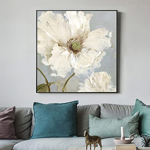 LCDIUDIU Handgemalte Acrylbilder, Weiße Textur Blühende Pfingstrose Blume Pflanze Abstrakt Modern Original Rahmenlose Handgemalte Ölgemälde Auf Leinwand Für Familienwand Wohnzimmer Esszimmer Home A