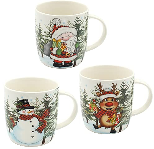 Dekohelden24 Lot de 3 tasses de Noël en porcelaine - Hauteur : 9 cm - Diamètre : 9,5 cm - Capacité : 340 ml.
