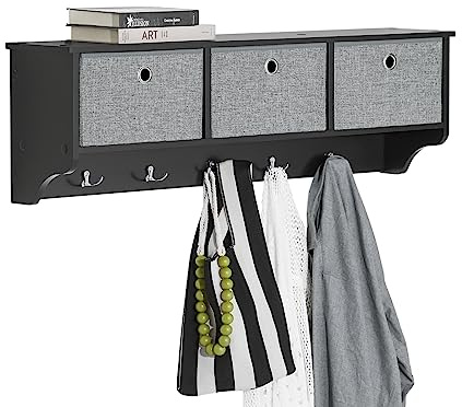 SoBuy Wandgarderobe mit 3 Körben & 5 Haken 100x31x20cm für Flur | Flurgarderobe mit 3 faltbaren Vliesboxen und 5 Metallhaken, MDF FSC, Tragkraft 15kg, inkl. Wandmontage, schwarz FRG282-SCH
