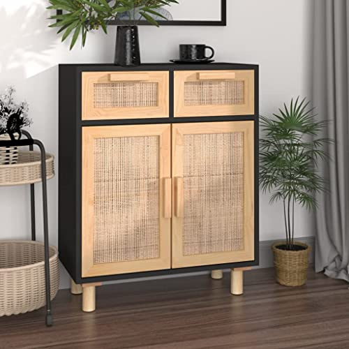 Tidyard Sideboard mit 2 Schubladen und 2 Fächern Kommode Beistellschrank Highboard Wohnzimmerschrank Aufbewahrungsschrank Standschrank Schrank Schwarz 60x30x75cm Massivholz Kiefer und Natur-Rattan