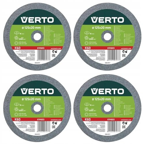 VERTO Schleifscheiben 125 x 20/16/12.7 Dick: 16 mm, 4 Stück | Untersetzungen, Passend, Für verschiedene Schleifmaschinen, Körnung K60, 4 Scheiben inkl, Scheiben zum Metallschleifen