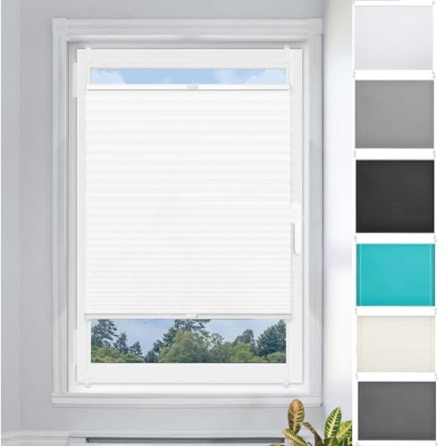 Faltrollos Für Fenster 35 x 40 cm Verdunklungsplissee Lichtundurchlässig Plissee Zum Kleben 2 Bedienschienen aus Aluminium für Fenster & Tür, Weiß