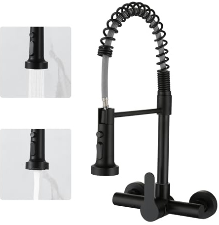 LIWEIKE Küchenarmatur Wandmontage, 360° Drehung Wasserhahn Schwarz Küche mit 2 Strahlarten Wasserhahn Wandmontage