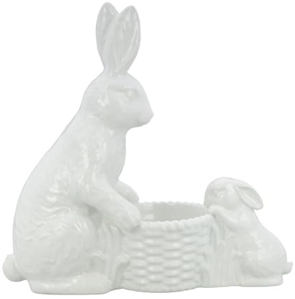 große Deko Hasen Figuren Keramik - sitzende weiße Osterdeko Hasen Mutter mit Kind & Korb zum befüllen - Osterhasen Frühjahresdeko zum hinstellen