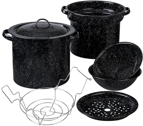 Granite Ware 3 in1 Stock Pot - Enameled Steel Multi-use Pot Set (8 Quarts), Ideal for Pasta, Tamales & Canning, Speckled Black