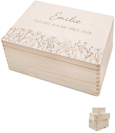 Bärenfreunde - Personalisierte Erinnerungsbox Baby mit Hochwertiger Gravur - Baby Erinnerungsbox - Erinnerungskiste aus Holz - Tolles Geschenk zur Geburt (M flach | Klappdeckel,Blumenwiese)