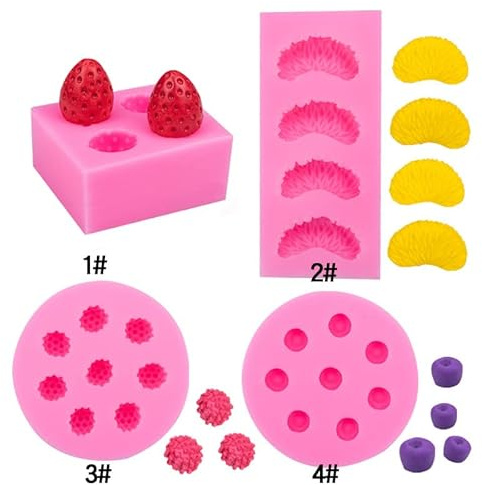 4 Moldes de Silicona Con Forma de Fruta 3D - Fresa, Naranja, Frambuesa y Arándano - Para Fondant, Resina Epoxi, Cera y Caramelos