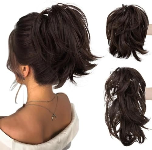 RPAEOY 20cm Kurze Pferdeschwanzverlängerung mit biegbarem Metalldraht Klauen Clip Pferdeschwanz Verlängerung Natürliche Synthetische Haarteile Ponytail Extension für Frauen