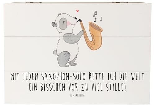 Mr. & Mrs. Panda 22 x 15 cm Holzkiste Saxophon Magie - Geschenk, Freude, XXL, Musikzimmer, musikalische Akzente, Klangwelt, Aufbewahrungsbox, Welt