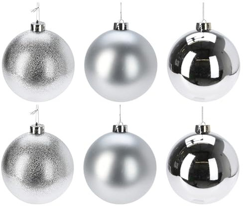6 x Weihnachtskugeln aus Kunststoff Ø 14 cm wetterfest frostsicher - Christbaumkugeln für Innen und Außen - Weihnachtsbaumkugeln Kunststoff Größe 6 x (14 cm), Farbe Silber (matt + Glanz + Glitzer)