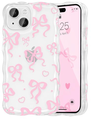 UEEBAI Bow Case for iPhone 15 6.1, Wavy Cute Ribbon Pretty Aesthetic Case Curly Stylish Soft Wave Clear Phone Shockproof Protective Pretty Cover for Women Girl - Pink