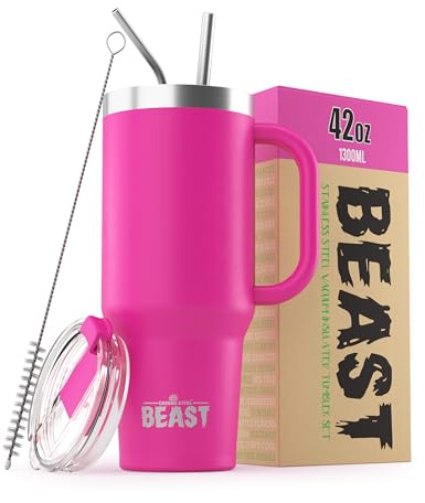 Beast Tumbler with Handle - 1500 ml (50 oz), Cup Cake Pink | Reusable Stainless Steel, Vacuum Insulated Cup | with + 2 Straws & Cleaning Brush | Double Wall Travel Flask Perfect for Hot or Iced Coffee