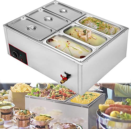 Scaldavivande Elettrico 6 vassoi, Server Buffet da Tavolo 7L 850 W con coperchi, scaldavivande, Controllo Temperatura, scaldavivande, Carrello in Acciaio Inossidabile