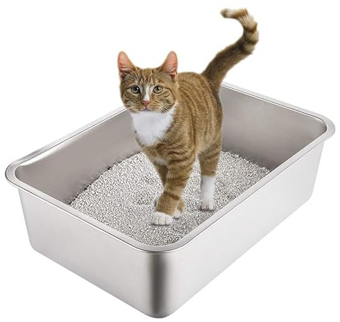 Katzentoilette aus Edelstahl, hop-in Katzen Klo ohne Deckel，Edelstahl Wanne，für Katzen,mit glatter Oberfläche, leicht zu reinigen ，Niemals GerüChe,Mehrere Spezifikationen, Silber (60x40x15cm)