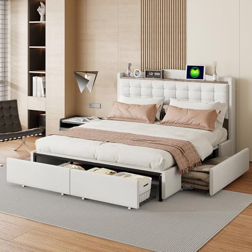 Aoskem Polsterbett Doppelbett 160x200 mit Stauraum 4 Schubladen, Kopfteil mit USB-Buchse & Ablage, Stauraumbett Bettgestell mit Lattenrost, Funktionsbett Flachbett, Ohne Matratze, Leinen (Beige)
