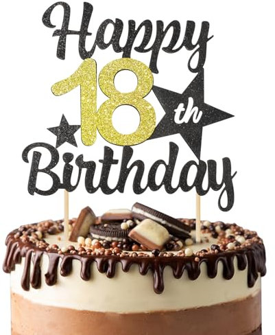 BOOMTOP Happy 18th Birthday Cake Topper Black Gold Glitter 18th Cake Decorations Eighteen Years Old Birthday Party Supplies for Boys and Girls