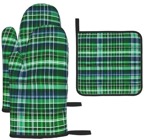 Set di 3 guanti da forno e presine scozzesi scozzesi blu e verde, resistenti al calore, regalo per cucinare