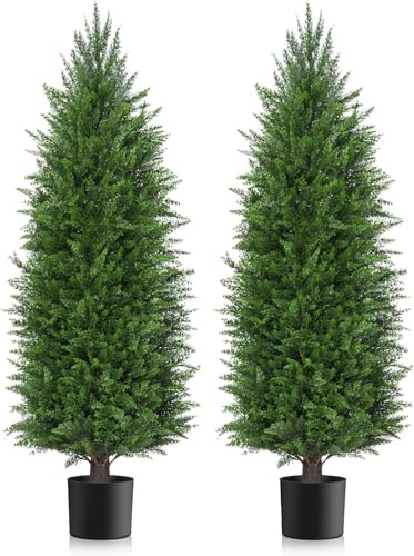 AOKIIE 6FT Artificial Topiary Cedar Plants Outdoor, Faux Pine Trees UV Resistant and Potted, 72 Inch Tall Fake Shrubs Evergreen for Front Porch Decor Set of 2