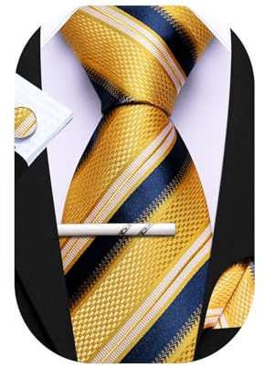 Barry.Wang Herren Krawatte Set Seiden-Geschäfts-Streifen Plaid-Krawatten-Set mit Taschentuch Manschettenknopf für Hochzeit Formell