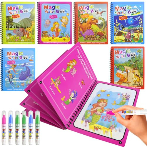 6 Stück Magic Water Colouring Book, Water Wow Malbuch, Paint With Water, Wassermalbuch mit 6 Wasserstifte,Wassermalbuch ab 2 3 4 für 2 3 4 5 6 Jahre alte Malbuch Wasser Jahren zum Zeichnen
