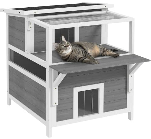 PawHut Maison pour Chat Extérieur à 2 Étages Balcon 64 x 87 x 76 cm Gris | Niche pour Chat, Cabane pour Chat Résistant aux Intempéries, Porte, Toit Ouvert, Panneau et Plancher Amovibles