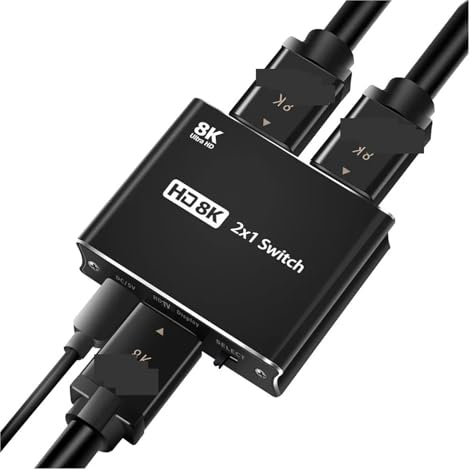 Adaptateur de Commutation HMI 2.1, commutateur 8K, 4K @ 120Hz, 1080p, 8K, 2x1, convertisseur vidéo for PS4, PS5, caméra, Ordinateur Portable, PC vers projecteur TV pour TV, Lecteur Blu-Ray, DVD