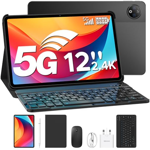 DOOGEE V Pad 5G Tablets 12 inch Android, Dimensity 7050 Android 15 Tablets with SIM Card Slot, 2.4K Display, 8800mAh 32GB+256GB Gaming Tablet, Gemini AI Tablet with Keyboard, Pen, Mouse, Case-Black