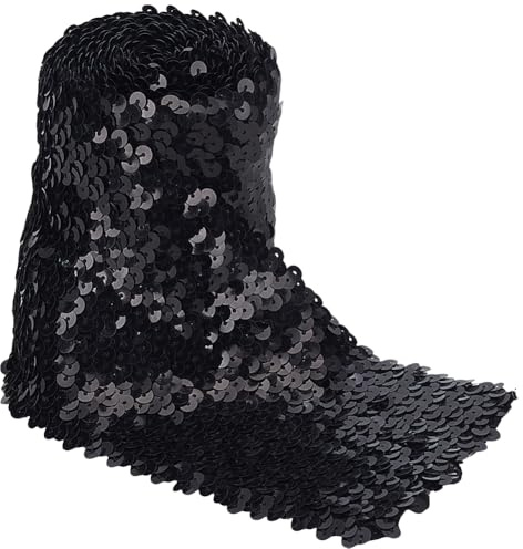 FINGERINSPIRE 2.28 m Schwarzes Elastisches Paillettenband 100mm Breit Schwarzes Metallisches Stretch Bordüre Flaches Paillettenband Glitzernde Pailletten Spitzenbesatz Für Kleider Stirnbänder DIY