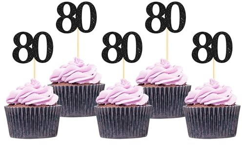 Sotpot 30 Pack Happy 80th Cupcake Toppers Black Glitter 80 Birthday Cupcake Picks for 80th Birthday Wedding Anniversary Party Supplies