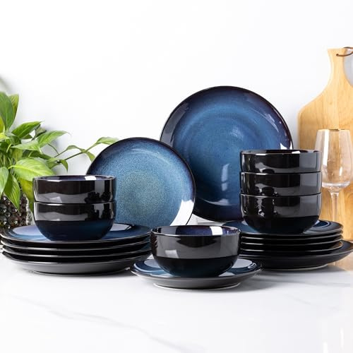 LeRatio Service de table pour 6, ensemble de 18 pièces en grès avec assiettes et bols, service de vaisselle émaillée réactive résistante aux ébréchures et aux rayures, vaisselle compatible