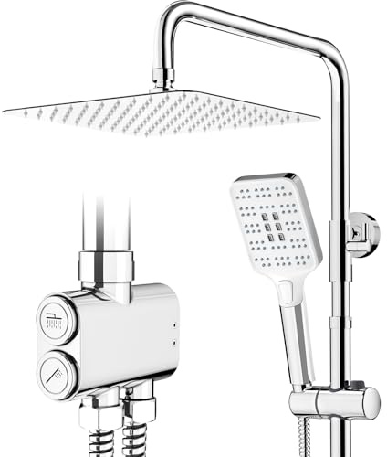 Rainsworth Regendusche ohne Armatur 25x25 cm Edelstahl Kopfbrause Chrom | 3 Strahlarten Handbrause, Edelstahl Regenduschkopf, Knopfdruck Umschalter, höhenverstellbare Duschstange, einfache Montage