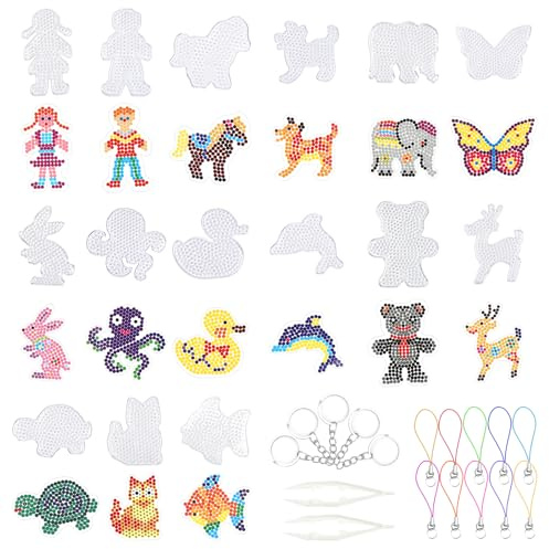 Honosen Bügelperlen Platten 47 Stück, 5mm Bügelperlen Vorlagen zum Basteln, Transparente Tier Bügelperle n Schablonen DIY Bastelperlen Steckplatten für Jungen und Mädchen, Kinder ab 3 Jahren,