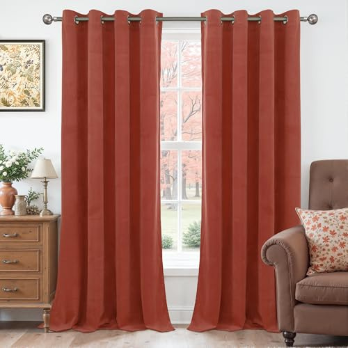YoungsTex Rust Terracotta Velvet Curtains 84 Inches Long, Burnt Orange Blackout Drapes with Grommet Room Darkening for Bedroom Living Room Window, 2 Panels, 52 X 84 Inch