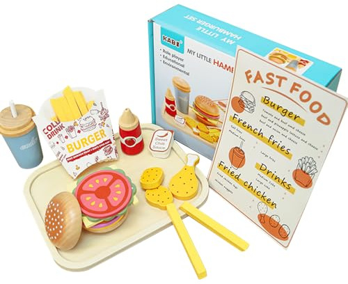 KBIBCK Kinderküche Zubehör, Holzspielzeug Küche Zubehör für Kinder, Küchenspielzeug Hamburger Fast Food Set, Kaufladen Zubehör, Pädagogisches Rollenspiel Geschenk für Kinder