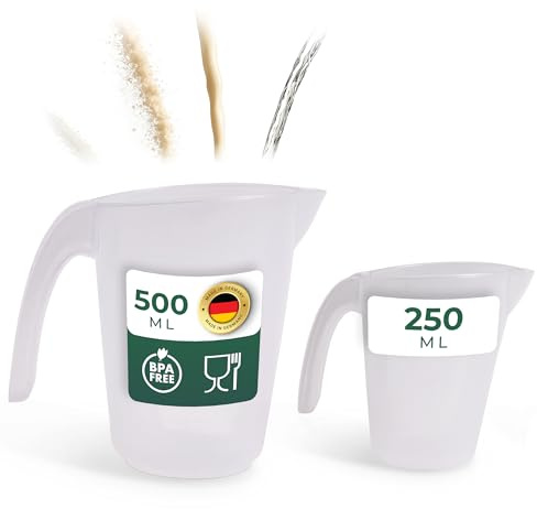 Novaliv Juego de vasos medidores de 250 ml, 500 ml, taza medidora de cocina transparente con escala transparente g/ml para líquidos de harina y azúcar, fabricado en Alemania, apto para lavavajillas