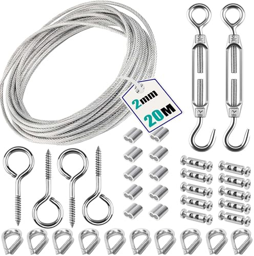 Oruiiju - Kit de cable de acero inoxidable 304, 20 x 2 mm, 10 hebillas de aluminio, 10 bridas, 2 ganchos ajustables, para cuerda de ropa y bricolaje