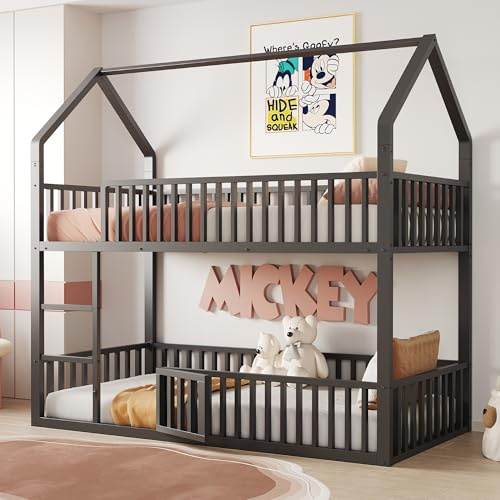 Merax Kinder-Etagenbett 90x200 cm, Metall-Hochbett mit Treppe, Hausform Rahmen, unteres Bett mit Tür zum Öffnen und Schließen, Schwarz (ohne Matratze)