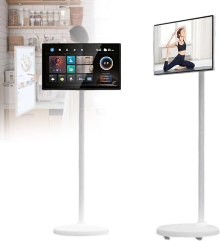 Portable TV on Wheels 1080P, Rotating Touchscreen Monitor with Built-in 6000mAh Battery, Wireless Mirroring, 32-128GB Storage, 5-8 Hours Battery Life