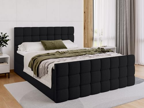 BROMARKT Boxspringbett mit Bonell Matratze und Bettkasten Doppelbett mit Topper 180x200 Härtegrad H3 Bett für Schlafzimmer gepolsterte Kopfstütze Dakota Duo Schwarz