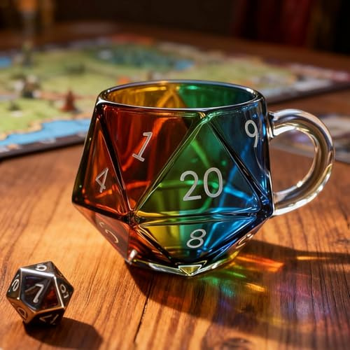 Rainbow D20 Dice Mug, Polyhedral Dice Coffee Cup with Handle, Game Mug for Beverage Tea Wine Juice Beer Milk Office Decoration Fantasy Lovers Cosplay Tabletop and Gamers (Blue)