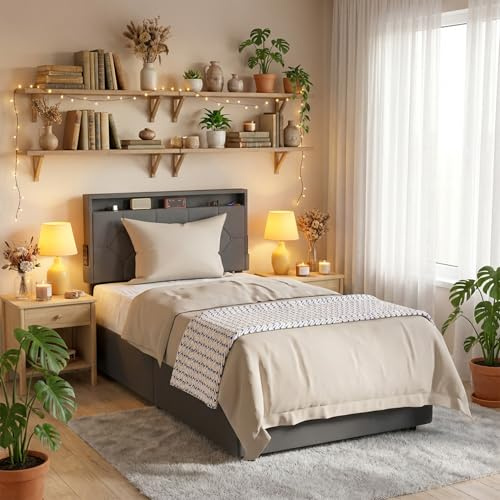 Suusolny Polsterbett aus Leinenstoff 90x200cm Bettgestell mit rollenden Schubladen & Gepolstertes Kopfteil Bettrahmen aus Metal Schubladenbett mit Stauraum unter dem Bett (Dunkelgrau)